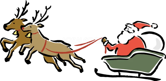 2頭のトナカイが引くそりに乗った筆描き風サンタ（背景透過PNG）