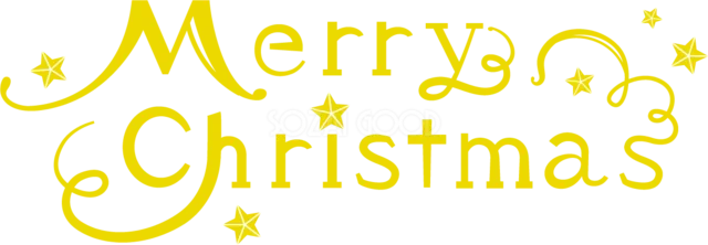 金色の細い筆記体と星で描いたおしゃれなMerry Christmasロゴ（背景透過PNG）