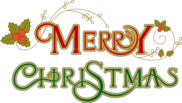 ヒイラギと金色の曲線を飾ったクラシカルなMerry Christmasロゴ（背景透過PNG）