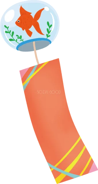 赤い金魚とオレンジの短冊を飾った風鈴（背景透過PNG）