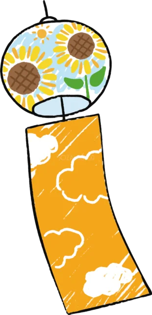 ひまわりと白い雲柄のオレンジ短冊の風鈴（背景透過PNG）