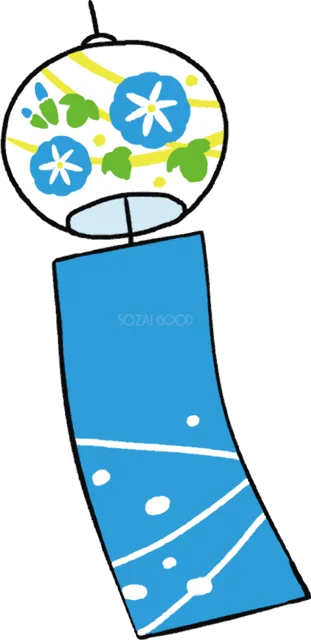 青い朝顔と水色の短冊を描いた風鈴（背景透過PNG）
