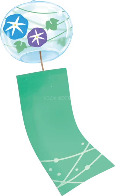 青紫の朝顔と緑の短冊を描いた涼しげな風鈴（背景透過PNG）