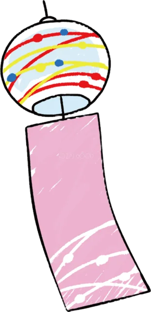 カラフルな線模様とピンクの短冊の風鈴（背景透過PNG）