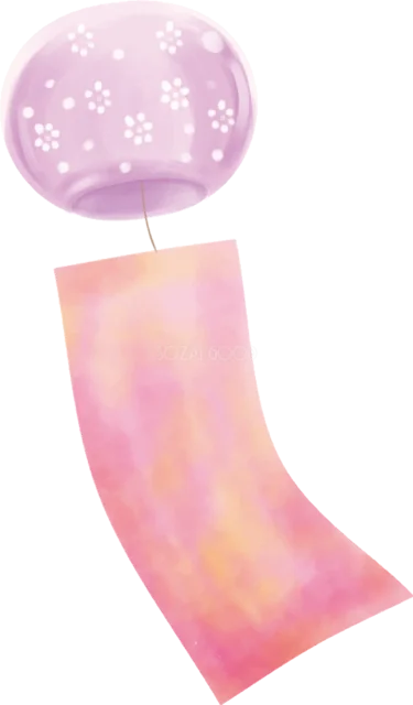 淡いピンクのガラスと虹色の短冊の風鈴（背景透過PNG）