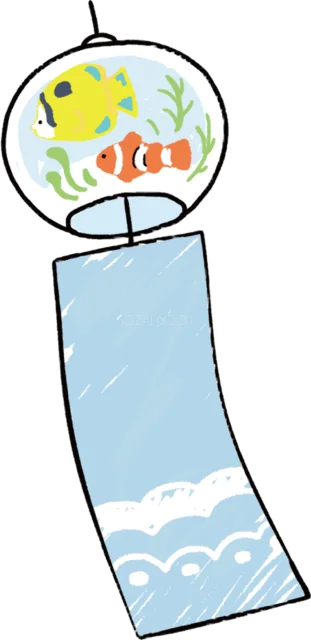 熱帯魚と青い波柄の短冊を描いた風鈴（背景透過PNG）