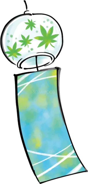 緑のもみじと青緑の短冊を描いた風鈴（背景透過PNG）