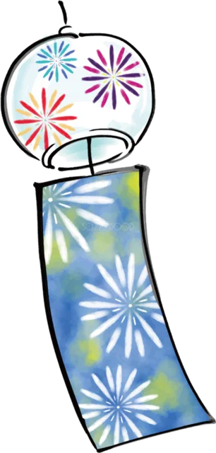 夜空の花火と青い短冊を描いた夏の風鈴（背景透過PNG）