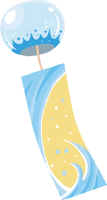 青い波模様の短冊が揺れる夏の風鈴（背景透過PNG）
