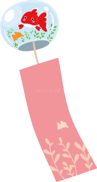 金魚と水草・ピンクの短冊を描いた風鈴（背景透過PNG）