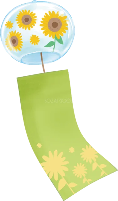 ひまわりと緑の短冊を描いた夏の風鈴（背景透過PNG）