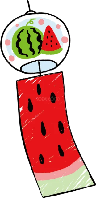 すいか模様と赤い短冊が目を引く風鈴（背景透過PNG）