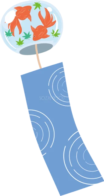 金魚と水の波紋・青い短冊を描いた風鈴（背景透過PNG）