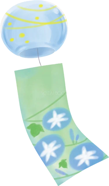 青い朝顔と淡い緑の短冊を飾った風鈴（背景透過PNG）