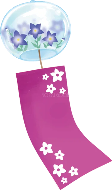 紫の花と濃い紫の短冊を描いた夏の風鈴（背景透過PNG）