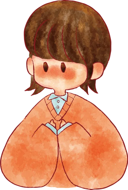 オレンジ色の服で正座するショートヘアの女の子（背景透過PNG）