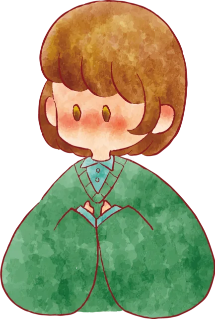 緑色の服で正座するボブヘアの女の子（背景透過PNG）
