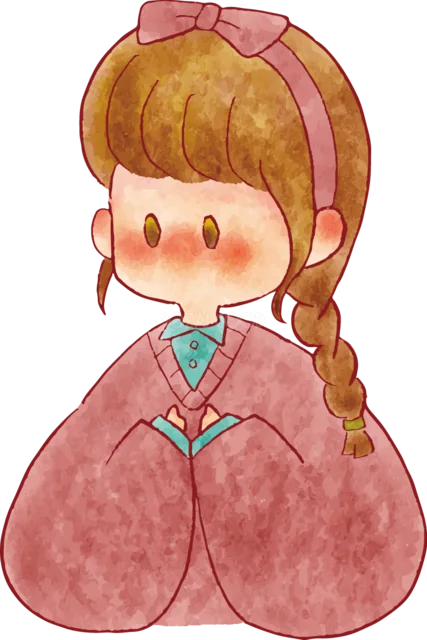 赤紫色の服で正座する三つ編みの女の子（背景透過PNG）