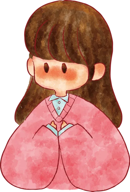 ピンク色の服で正座するロングヘアの女の子（背景透過PNG）