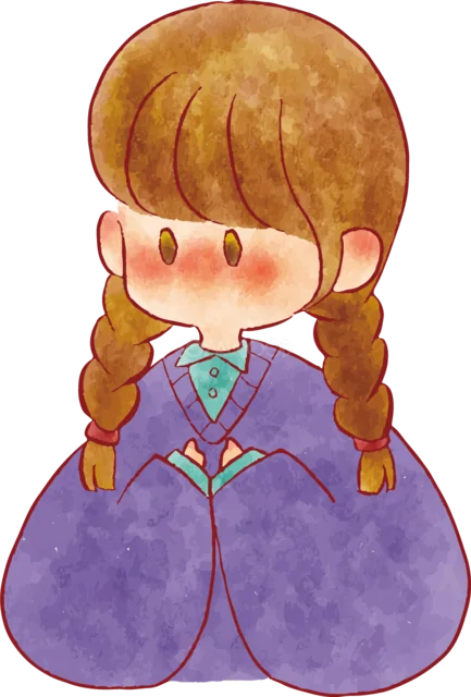 紫色の服で正座する二つ編みの女の子（背景透過PNG）