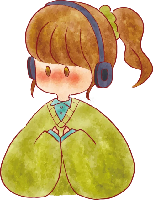 黄緑色の服で正座するヘッドホン姿の女の子（背景透過PNG）