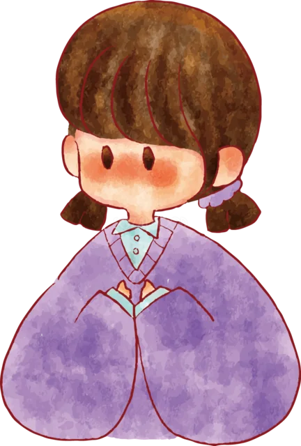 紫色の服で正座するおさげ髪の女の子（背景透過PNG）