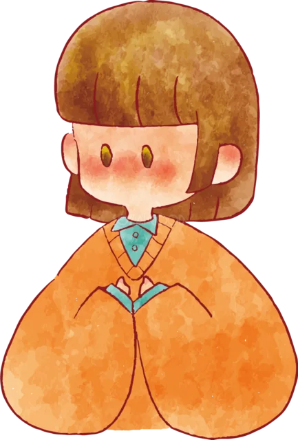 オレンジ色の服で正座する内巻きボブの女の子（背景透過PNG）