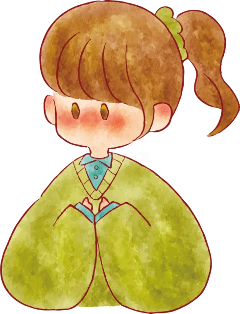 黄緑色の服で正座するポニーテールの女の子（背景透過PNG）