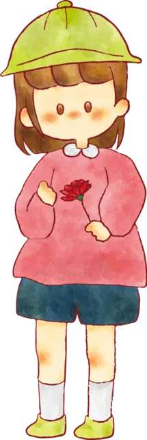 赤いカーネーションを持つ帽子姿の女の子（背景透過PNG）