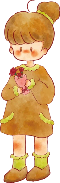 カーネーションの花束を抱える女の子（背景透過PNG）