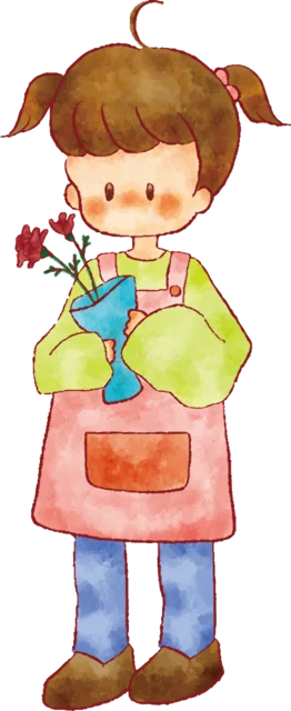 エプロン姿でカーネーションを花瓶に生ける女の子（背景透過PNG）