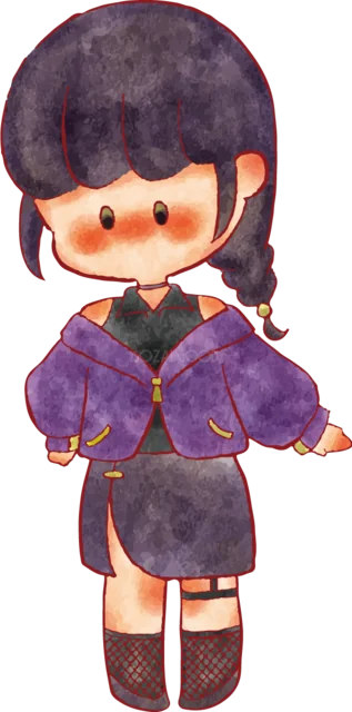 緑と赤の服で正面に立つショートヘアの女の子（背景透過PNG）