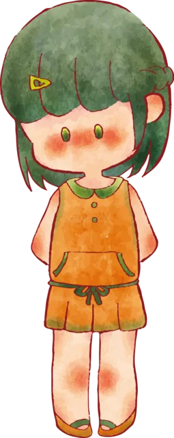 赤いサロペットで指を上に向ける女の子（背景透過PNG）