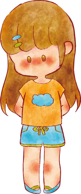 青いサロペットで正面に立つ二つ編みの女の子（背景透過PNG）