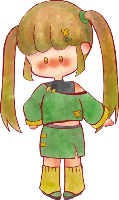 緑色のワンピースで横向きに立つ巻き髪の女の子（背景透過PNG）