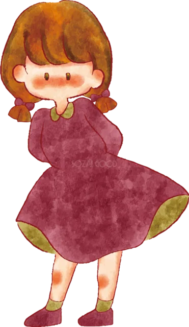 赤紫色のワンピースで背中を向ける女の子（背景透過PNG）