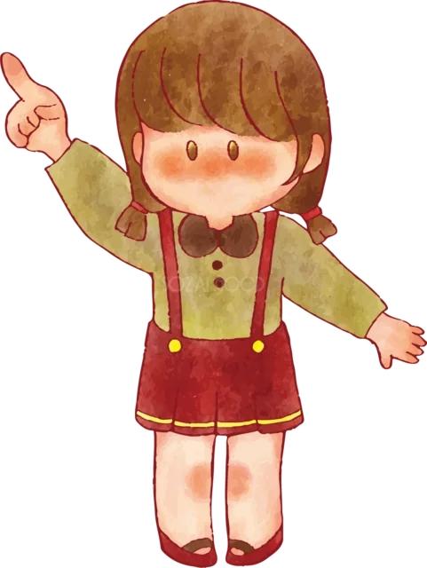 指を上に向けて説明する女の子（背景透過PNG）