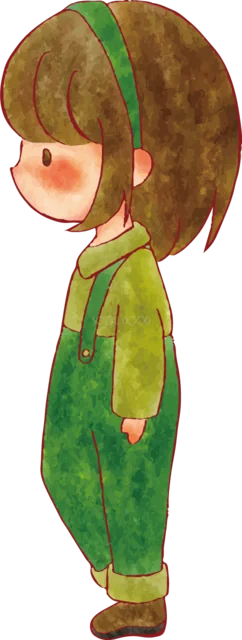 緑色のつなぎを着て横向きに立つ女の子（背景透過PNG）