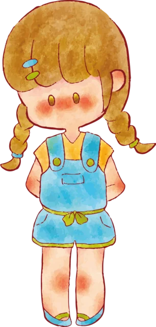 水色のサロペットで正面に立つ二つ編みの女の子（背景透過PNG）