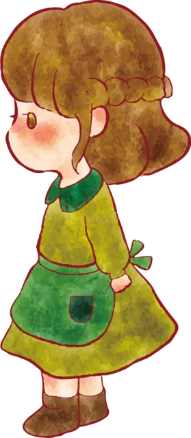 緑色のワンピースで横向きに立つ女の子（背景透過PNG）