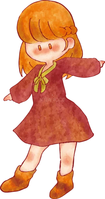赤いワンピースで横を指さす女の子（背景透過PNG）