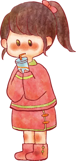 飲み物をストローで飲むポニーテールの女の子（背景透過PNG）