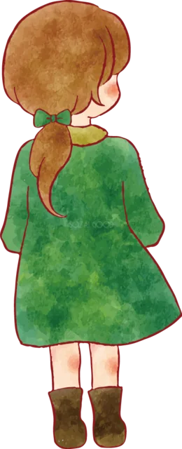 緑色のワンピースで後ろ向きに立つ女の子（背景透過PNG）