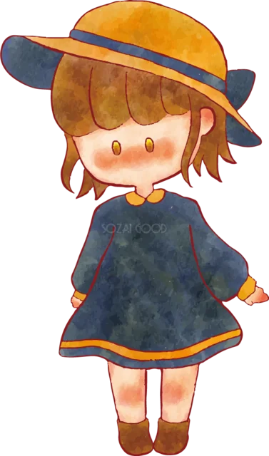 つば広帽子と紺色ワンピースの女の子（背景透過PNG）
