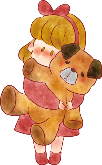 大きな犬のぬいぐるみを抱く女の子（背景透過PNG）