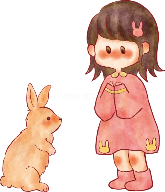 うさぎと向かい合うピンクの服の女の子（背景透過PNG）