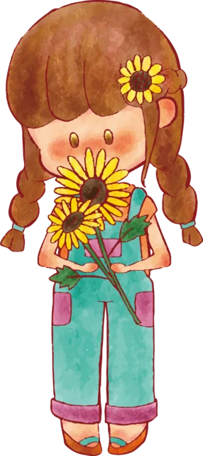 ひまわりの花束を抱える女の子（背景透過PNG）