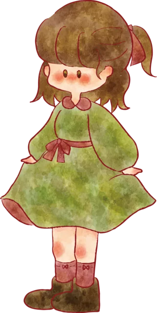 緑色のワンピースで横向きに立つ女の子（背景透過PNG）