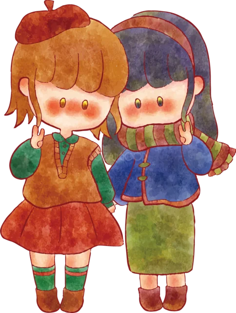 仲良く肩を組む冬服の女の子2人（背景透過PNG）