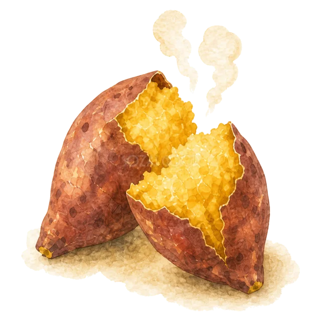 湯気が立つほくほくの焼き芋を描いた水彩風の秋の味覚イラスト（背景透過PNG）